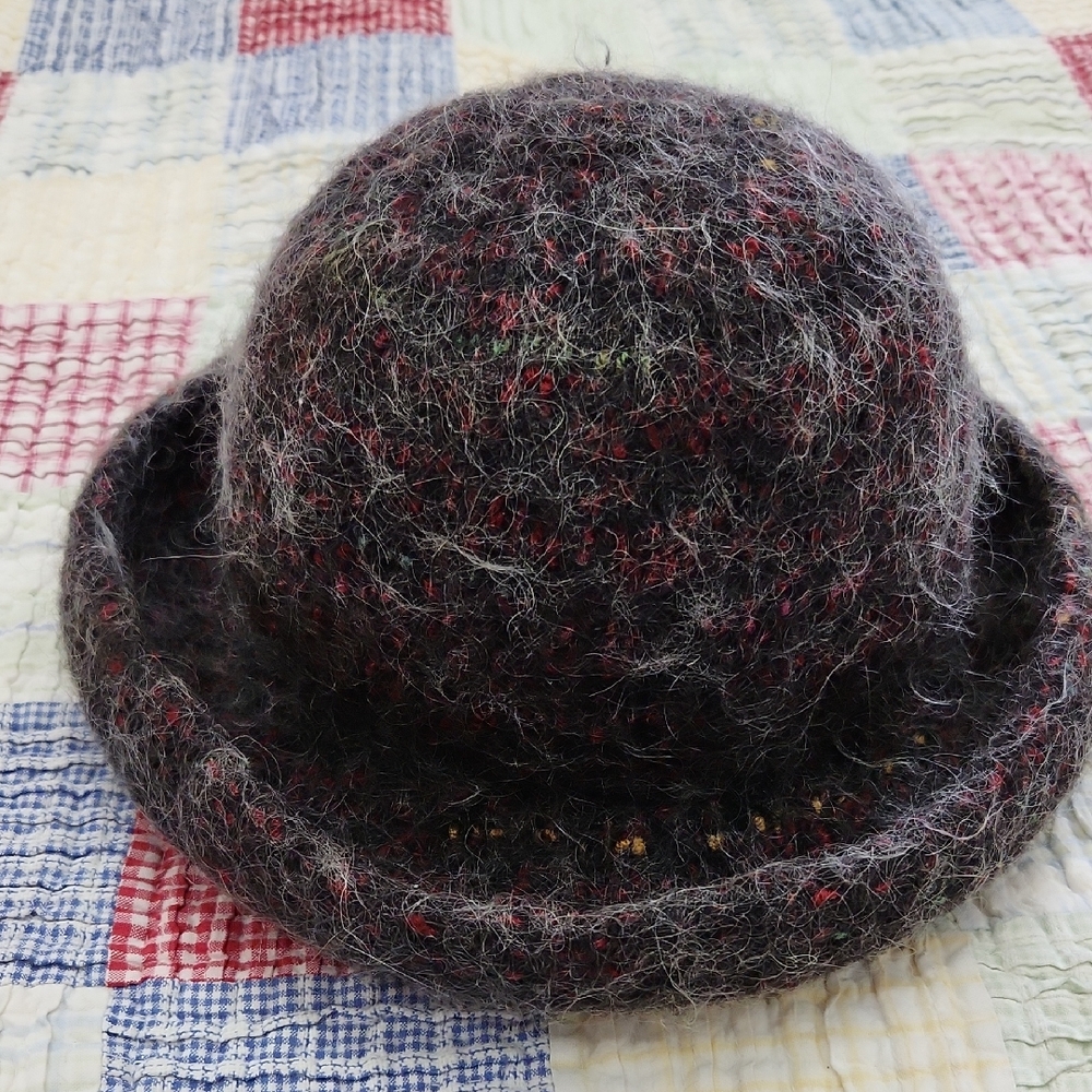 Handmade, Rolled-Brim Wool Blend Cloche Hat - Charcoal with Red Flecks